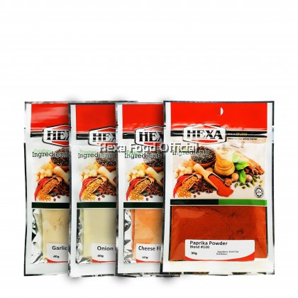 HEXA HALAL Garlic 40gm + Onion 40gm + Paprika Powder 30gm + Cheese Flavour Seasoning 50gm HEXA HALAL Garlic 40gm + Onion 40gm + Paprika Powder 30gm + Cheese Flavour Seasoning 50gm