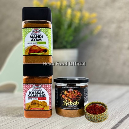 HEXA SET C OF AIDILFITRI 2023     Rempah Kebab 150gm Rempah Kabsah 150gm Rempah Mandi 150gm Saffron sargol 1gm